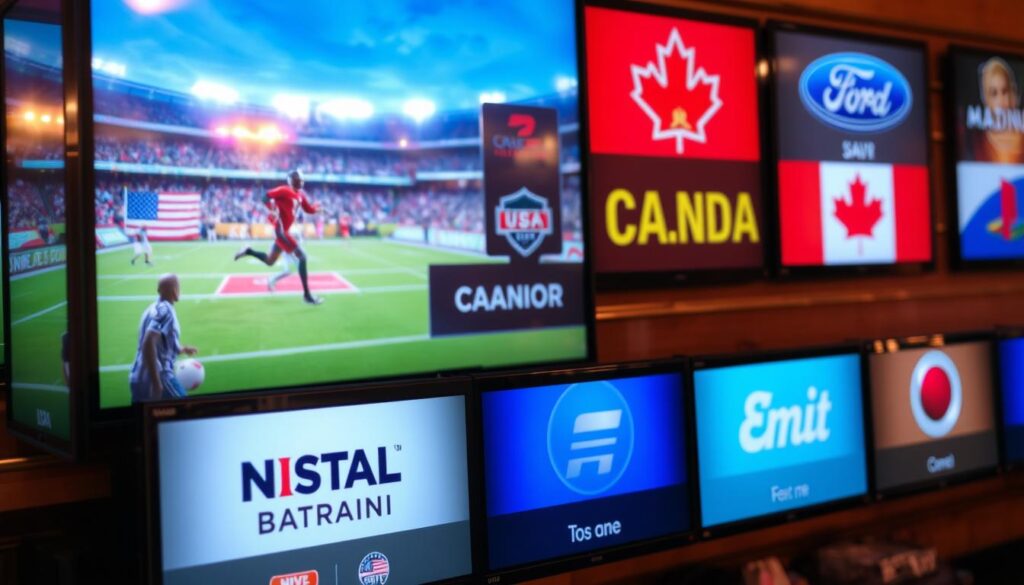 Generate an image of a TV screen displaying various USA and Canadian channels with a sports event in the background. Generate an image of a TV screen displaying various USA and Canadian channels with a sports event in the background.