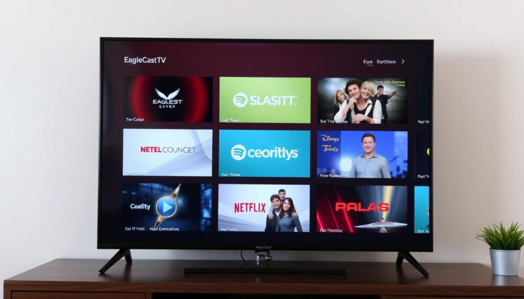Generate an image of a TV screen displaying various channels from EagleCast TV Generate an image of a TV screen displaying various channels from EagleCast TV