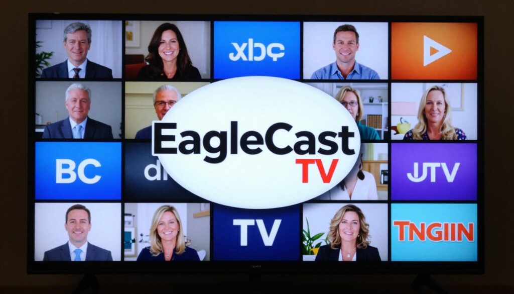 Generate an image of a TV screen displaying various channels with a prominent "EagleCast TV" logo. Generate an image of a TV screen displaying various channels with a prominent "EagleCast TV" logo.