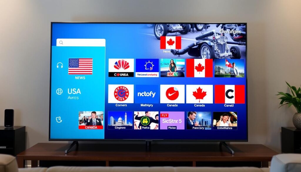 Generate an image of a TV screen showing USA and Canada channels Generate an image of a TV screen showing USA and Canada channels
