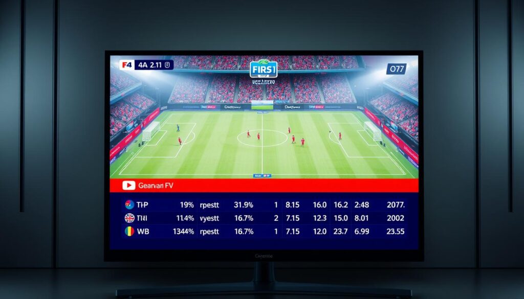 Generate an image of a TV screen showing a sports event in high definition, with a commentary box and various stats displayed. Generate an image of a TV screen showing a sports event in high definition, with a commentary box and various stats displayed.