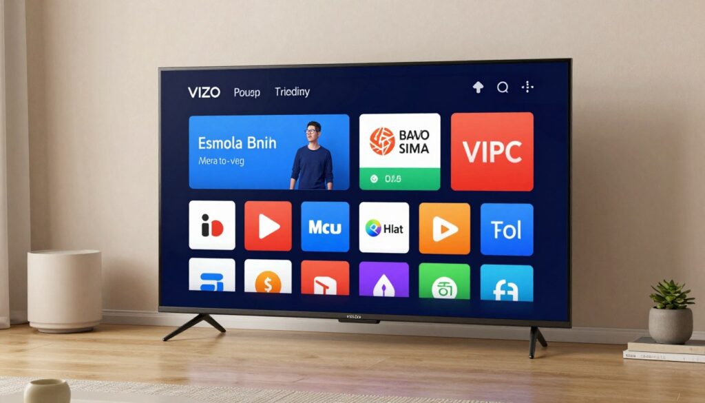 Generate an image of a Vizio TV screen displaying various streaming apps. Generate an image of a Vizio TV screen displaying various streaming apps.