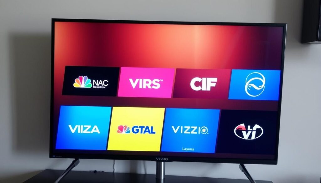 Generate an image of a Vizio TV with various channels displayed. Generate an image of a Vizio TV with various channels displayed.