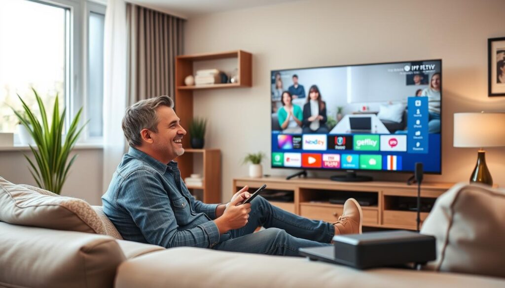 Generate an image of a budget-conscious viewer enjoying IPTV on a budget-friendly device. Generate an image of a budget-conscious viewer enjoying IPTV on a budget-friendly device.