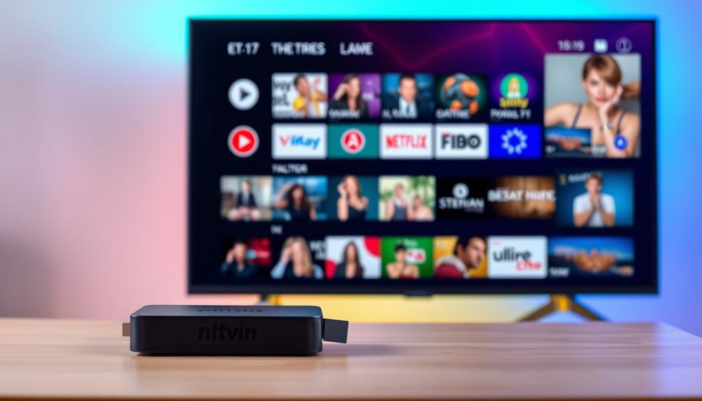 Generate an image of a budget-friendly streaming device with a TV displaying various channels. Generate an image of a budget-friendly streaming device with a TV displaying various channels.