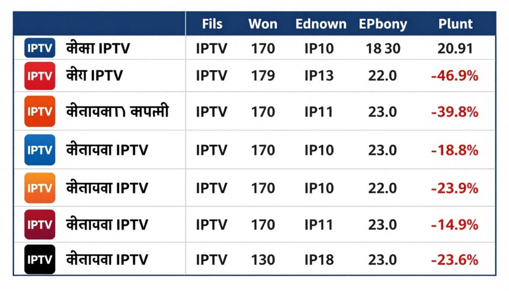 Generate an image of a comparison chart showing different Hindi IPTV services and their pricing plans. Generate an image of a comparison chart showing different Hindi IPTV services and their pricing plans.