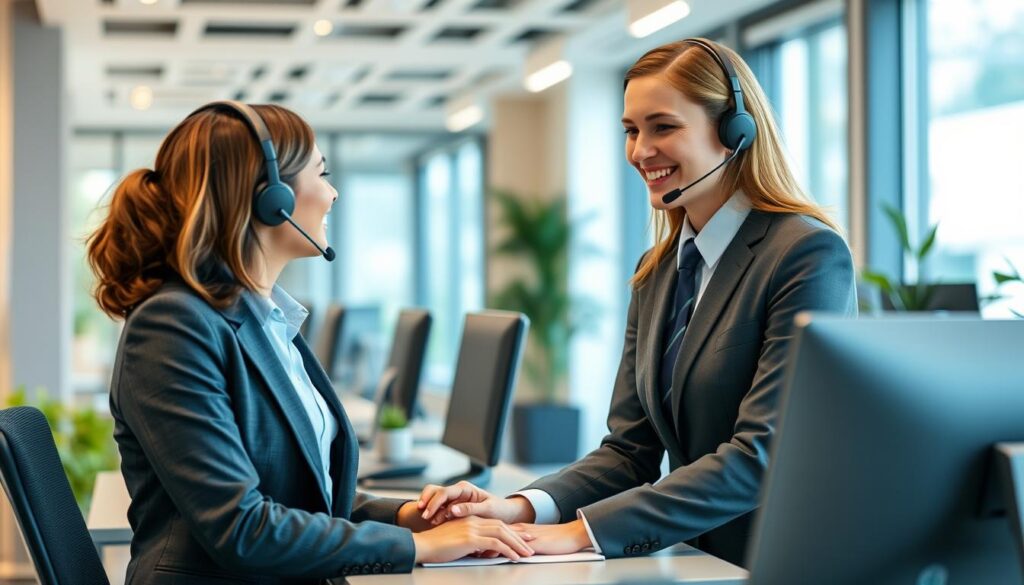 Generate an image of a customer support representative assisting a client. Generate an image of a customer support representative assisting a client.