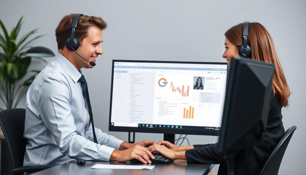 Generate an image of a customer support representative assisting a user on Bunnystream. Generate an image of a customer support representative assisting a user on Bunnystream.