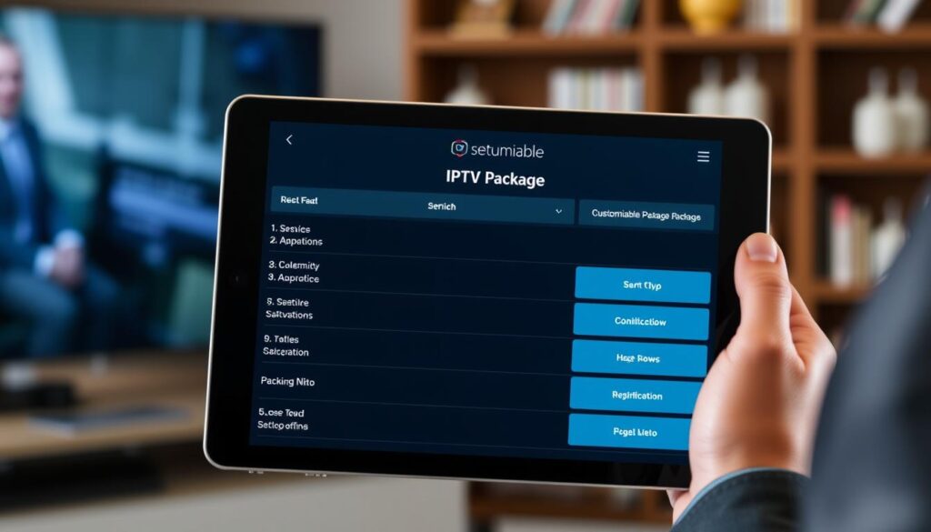 Generate an image of a customizable IPTV package selection on a tablet. Generate an image of a customizable IPTV package selection on a tablet.