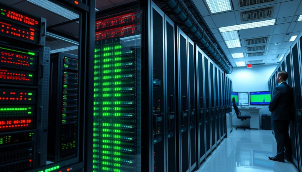 Generate an image of a data center with IPTV stream servers Generate an image of a data center with IPTV stream servers