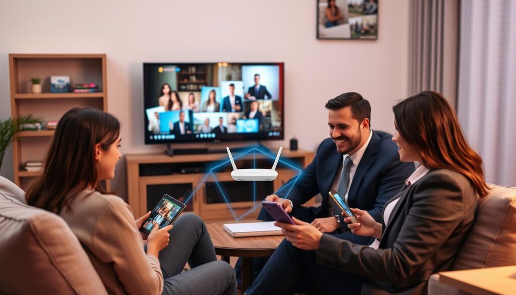 Generate an image of a family enjoying their favorite TV shows on multiple devices simultaneously, with a stable and fast internet connection in the background. Generate an image of a family enjoying their favorite TV shows on multiple devices simultaneously, with a stable and fast internet connection in the background.