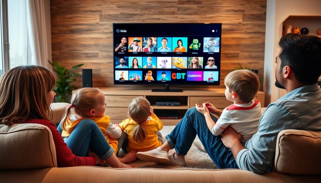 Generate an image of a family watching TV together with a variety of kid-friendly content on the screen. Generate an image of a family watching TV together with a variety of kid-friendly content on the screen.