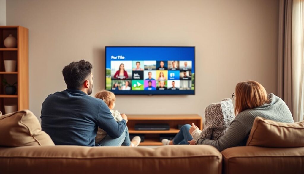 Generate an image of a family watching TiVistation on a smart TV. Generate an image of a family watching TiVistation on a smart TV.