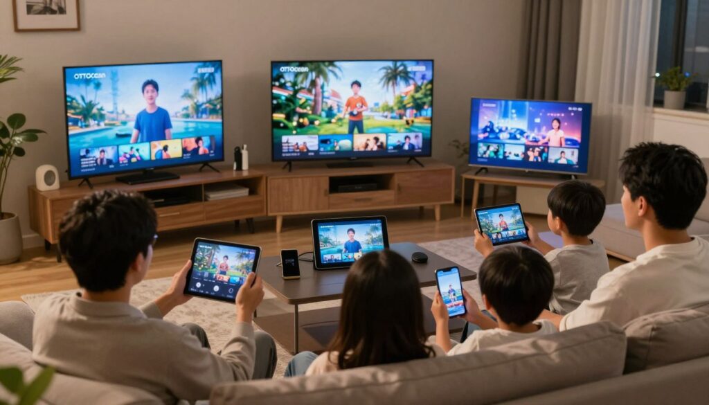 Generate an image of a family watching different channels on multiple devices with OTTOcean Generate an image of a family watching different channels on multiple devices with OTTOcean