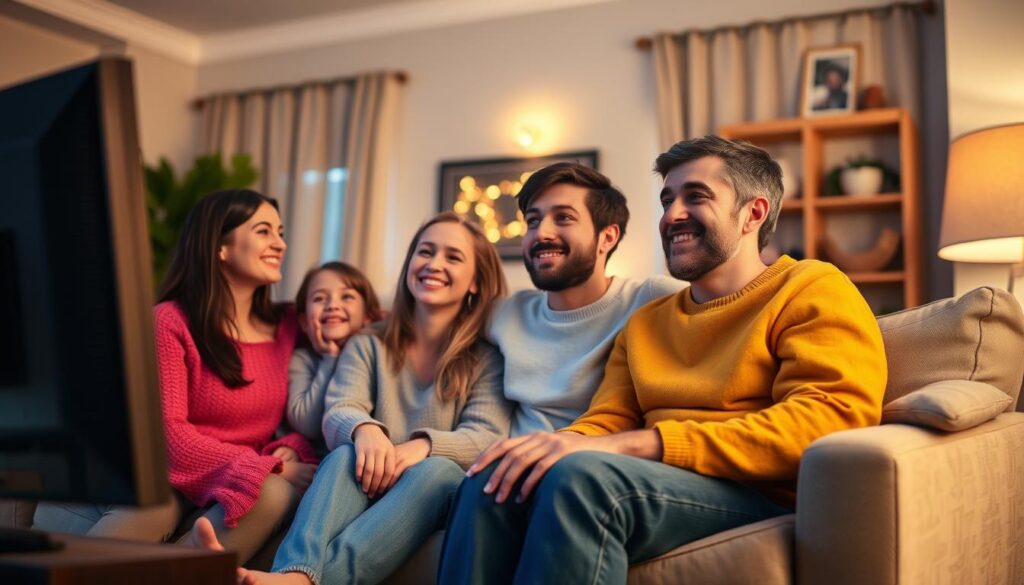 Generate an image of a family watching their favorite show on Tellystudio. Generate an image of a family watching their favorite show on Tellystudio.