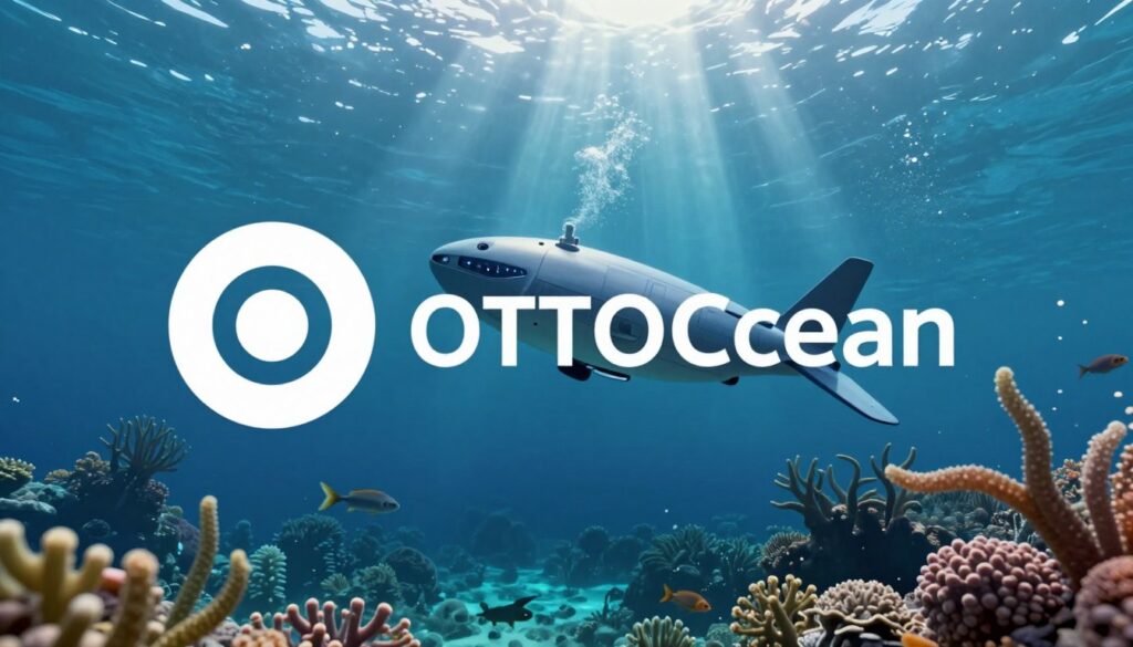 Generate an image of a futuristic ocean scene with the OTTOcean logo integrated into the design, symbolizing their innovative approach. Generate an image of a futuristic ocean scene with the OTTOcean logo integrated into the design, symbolizing their innovative approach.