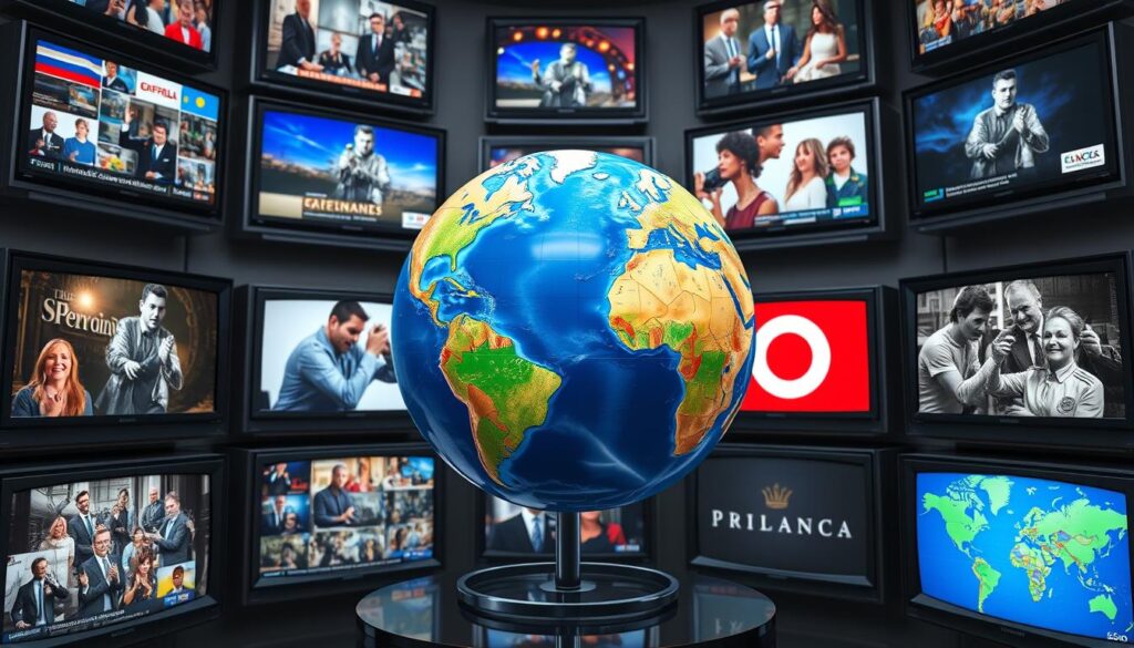 Generate an image of a globe surrounded by various TV screens displaying different international channels. Generate an image of a globe surrounded by various TV screens displaying different international channels.