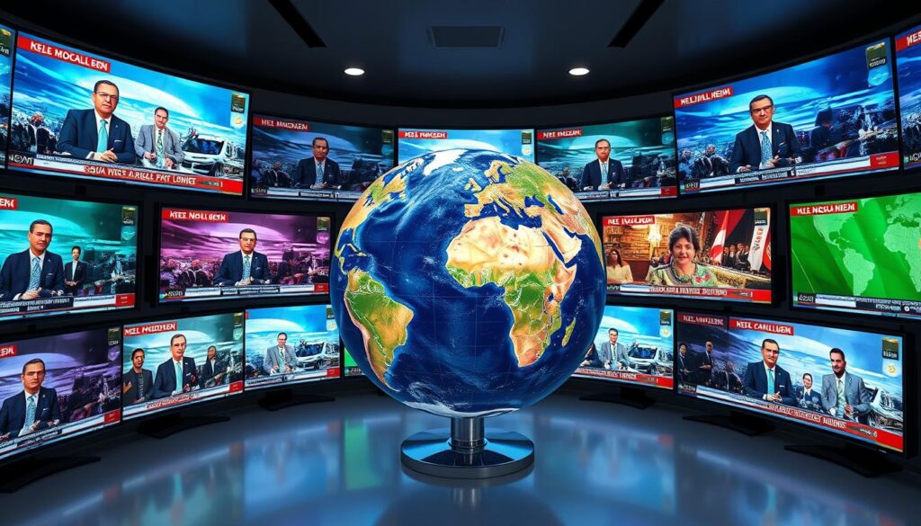 Generate an image of a globe surrounded by various TV screens displaying different channels Generate an image of a globe surrounded by various TV screens displaying different channels