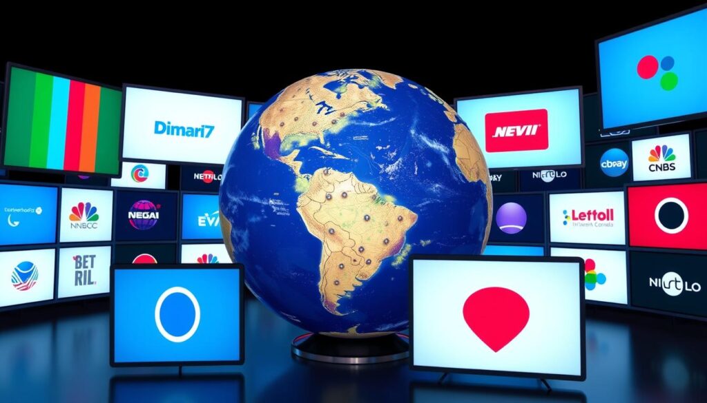 Generate an image of a globe with different international TV channels displayed on screens around it. Generate an image of a globe with different international TV channels displayed on screens around it.
