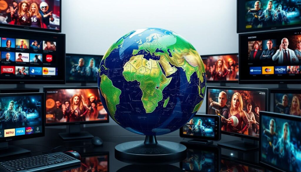 Generate an image of a globe with various TV channels and movies streaming on different devices. Generate an image of a globe with various TV channels and movies streaming on different devices.