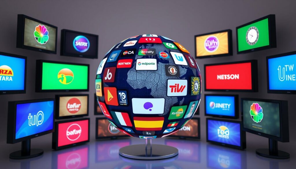 Generate an image of a globe with various TV channels streaming from different countries. Generate an image of a globe with various TV channels streaming from different countries.