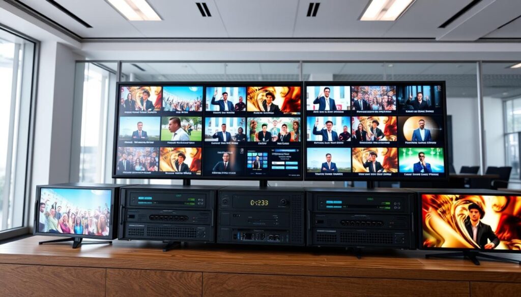 Generate an image of a high-performance IPTV stream server with multiple screens displaying live channels. Generate an image of a high-performance IPTV stream server with multiple screens displaying live channels.