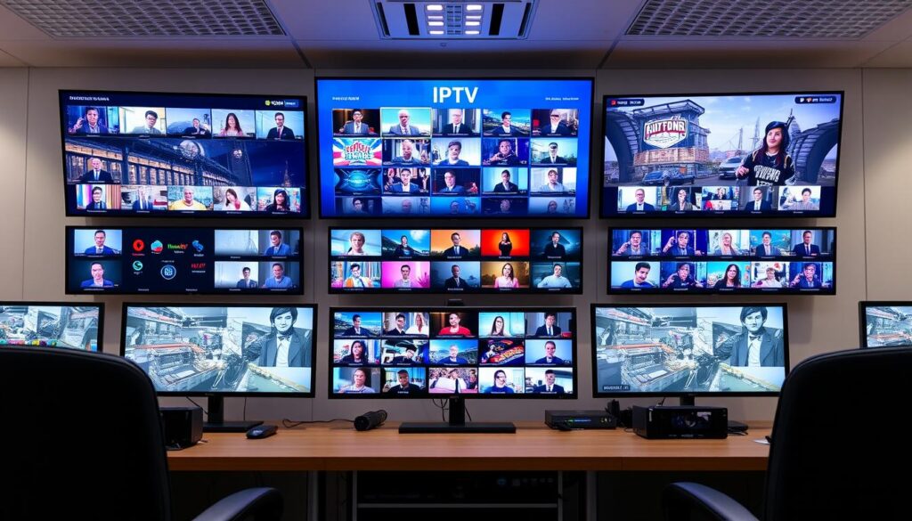 Generate an image of a high-performance IPTV stream server with multiple screens displaying different channels Generate an image of a high-performance IPTV stream server with multiple screens displaying different channels
