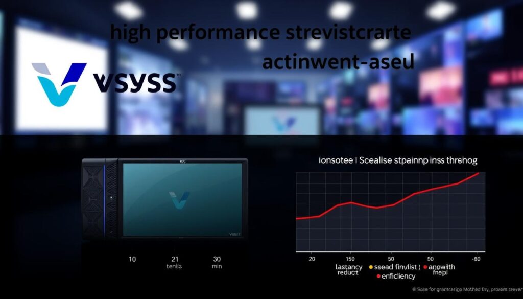 Generate an image of a high-performance streaming server with a VSYS Host logo and a graph showing improved streaming performance. Generate an image of a high-performance streaming server with a VSYS Host logo and a graph showing improved streaming performance.