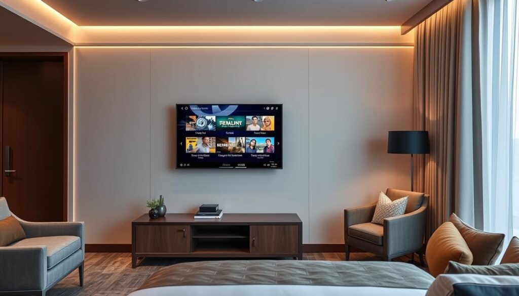 Generate an image of a hotel room with a TV displaying various channels and on-demand content. Generate an image of a hotel room with a TV displaying various channels and on-demand content.