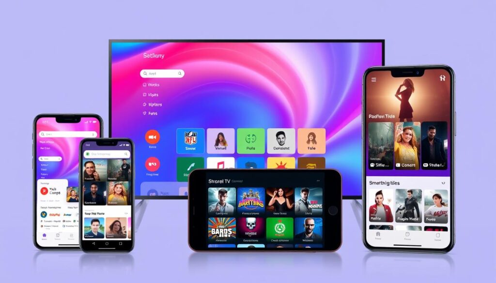 Generate an image of a modern IPTV app interface on various devices Generate an image of a modern IPTV app interface on various devices