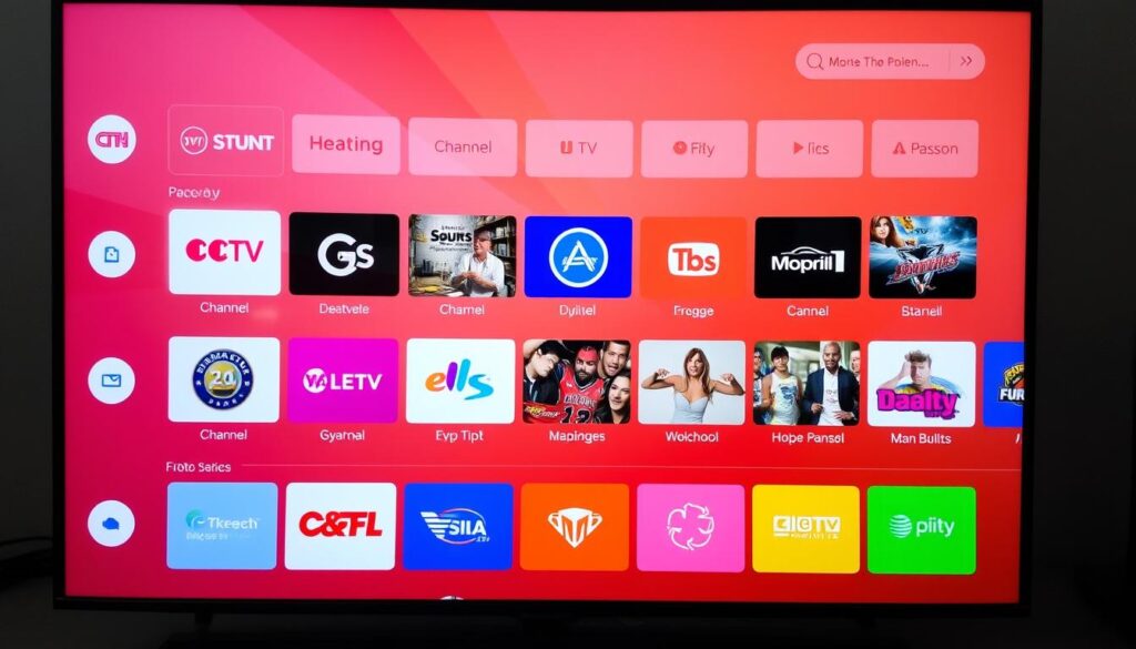 Generate an image of a modern IPTV interface showcasing various channels and features. Generate an image of a modern IPTV interface showcasing various channels and features.