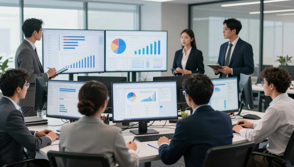 Generate an image of a modern business setting with various screens displaying different types of content. Generate an image of a modern business setting with various screens displaying different types of content.