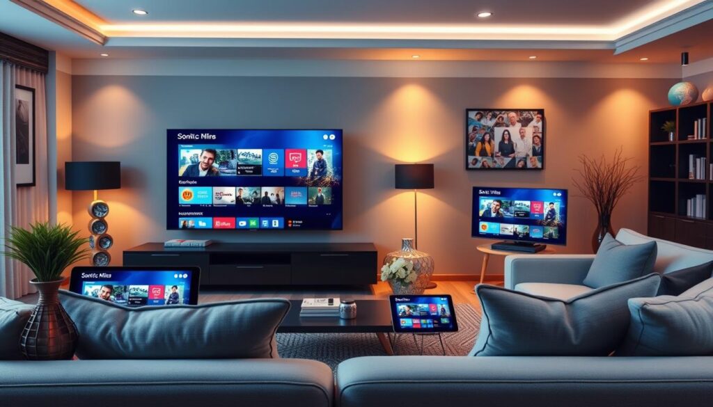 Generate an image of a modern living room with multiple devices streaming Sonix IPTV content Generate an image of a modern living room with multiple devices streaming Sonix IPTV content