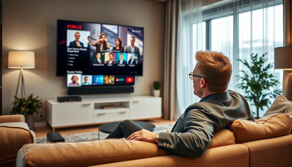 Generate an image of a movie enthusiast watching their favorite film on a large screen TV with XtreamView IPTV interface on the screen. Generate an image of a movie enthusiast watching their favorite film on a large screen TV with XtreamView IPTV interface on the screen.