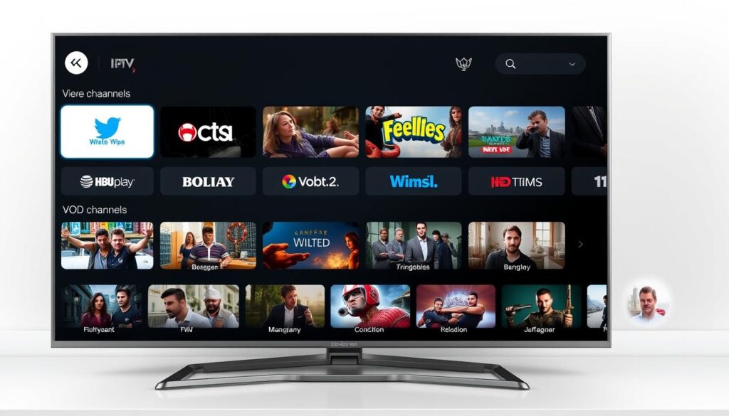Generate an image of a newcomer IPTV service interface with a vast channel and VOD library. Generate an image of a newcomer IPTV service interface with a vast channel and VOD library.