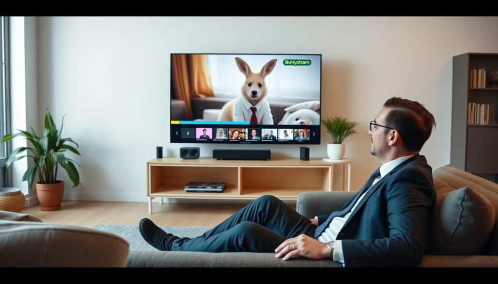 Generate an image of a person accessing Bunnystream on a smart TV. Generate an image of a person accessing Bunnystream on a smart TV.