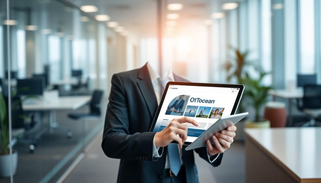 Generate an image of a person accessing OTTOcean on a tablet. Generate an image of a person accessing OTTOcean on a tablet.