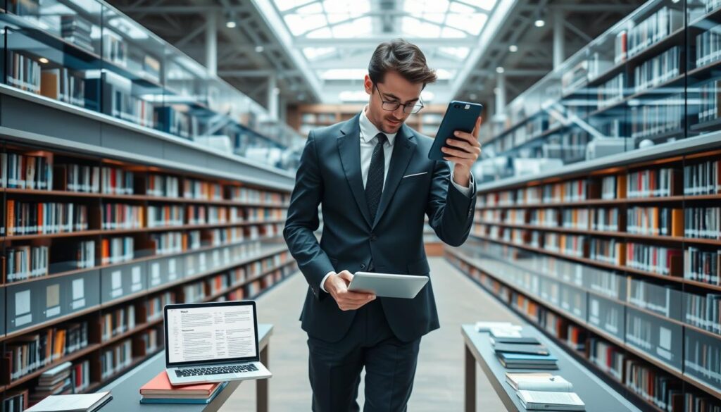 Generate an image of a person accessing a vast library of content on multiple devices. Generate an image of a person accessing a vast library of content on multiple devices.