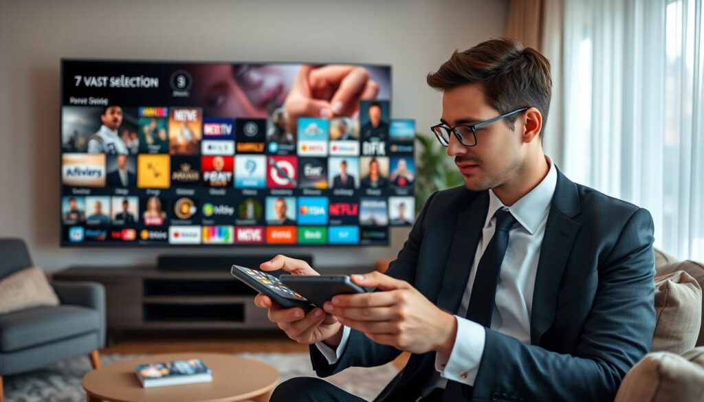 Generate an image of a person accessing thousands of TV channels and movies on their device. Generate an image of a person accessing thousands of TV channels and movies on their device.
