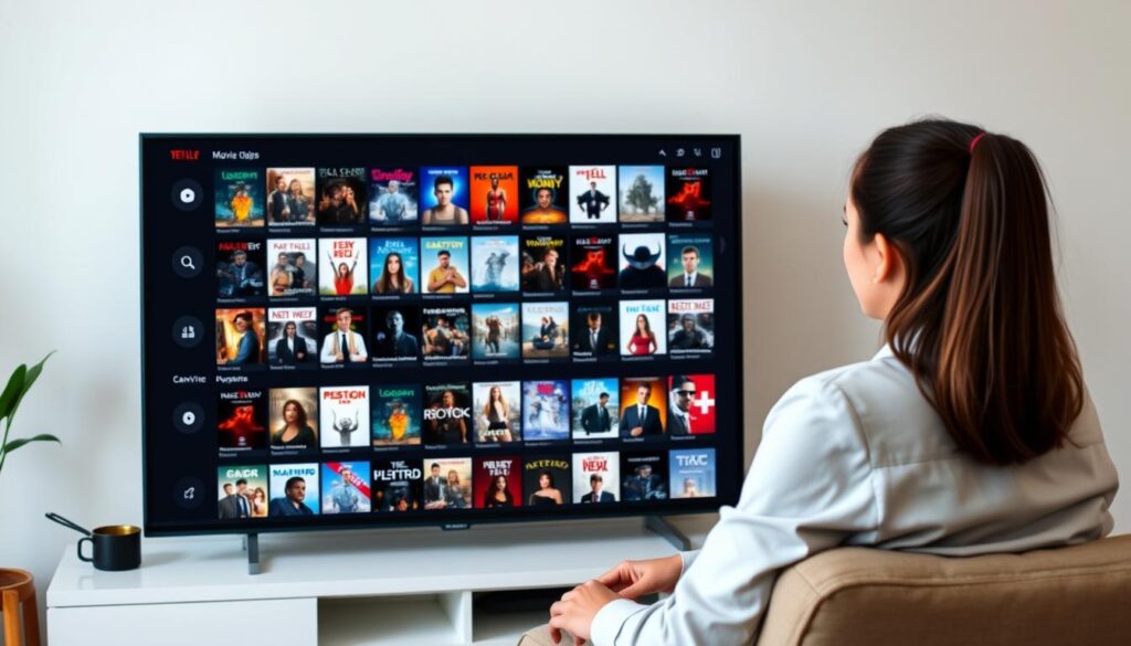 Generate an image of a person browsing through a vast movie library on their TV. Generate an image of a person browsing through a vast movie library on their TV.