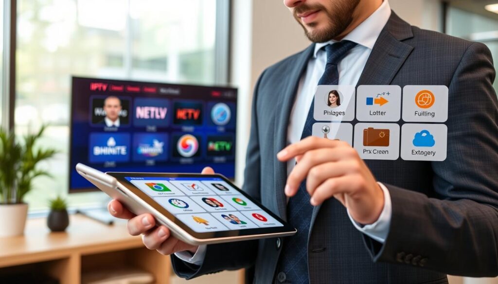 Generate an image of a person comparing different IPTV services on a tablet. Generate an image of a person comparing different IPTV services on a tablet.