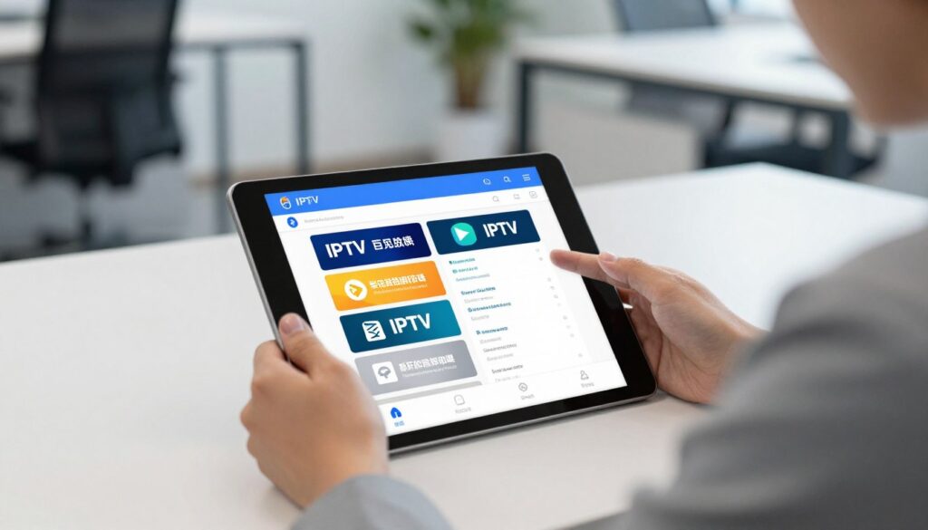 Generate an image of a person comparing different IPTV subscription plans on a tablet. Generate an image of a person comparing different IPTV subscription plans on a tablet.