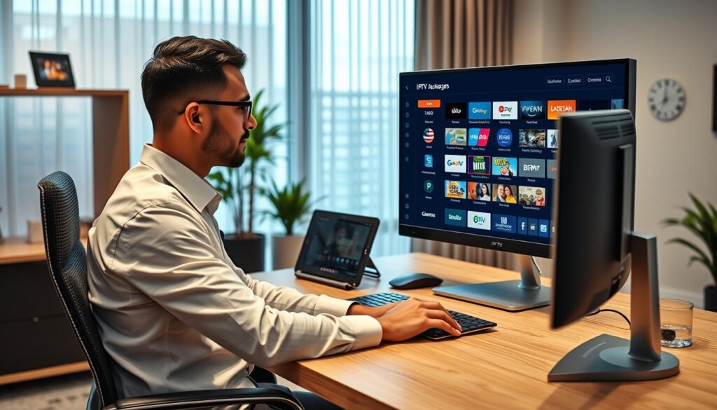 Generate an image of a person customizing their IPTV package with various channel options Generate an image of a person customizing their IPTV package with various channel options