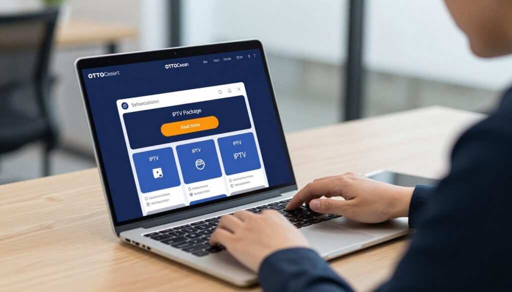 Generate an image of a person customizing their IPTV subscription package on a computer, highlighting the versatility of OTTOcean's offerings. Generate an image of a person customizing their IPTV subscription package on a computer, highlighting the versatility of OTTOcean's offerings.
