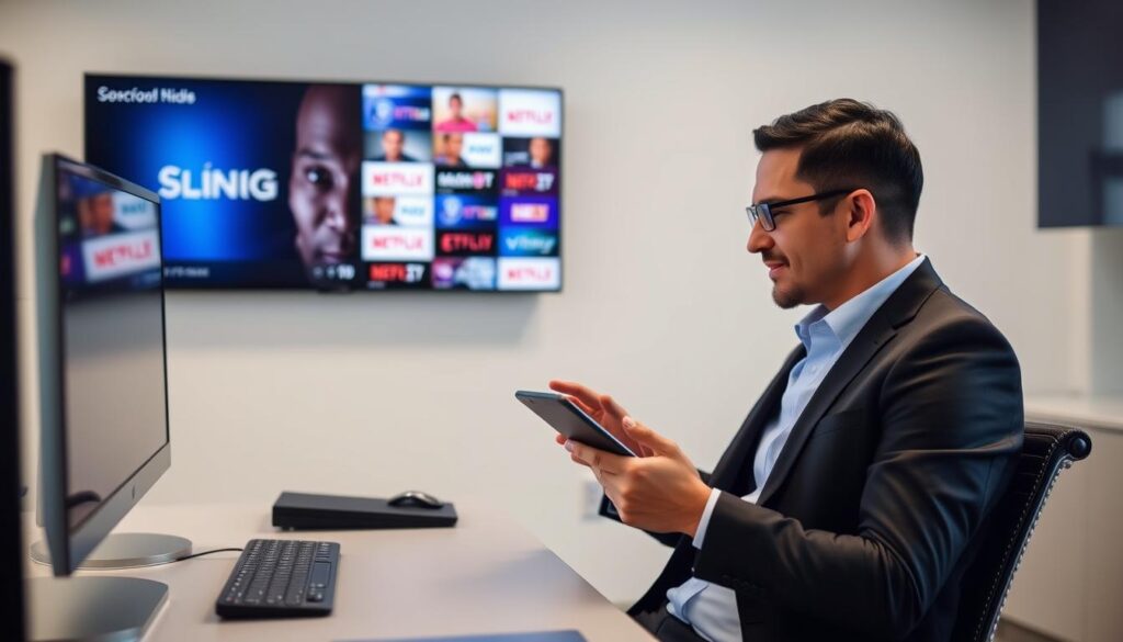 Generate an image of a person customizing their Sling TV channel lineup on a tablet. Generate an image of a person customizing their Sling TV channel lineup on a tablet.