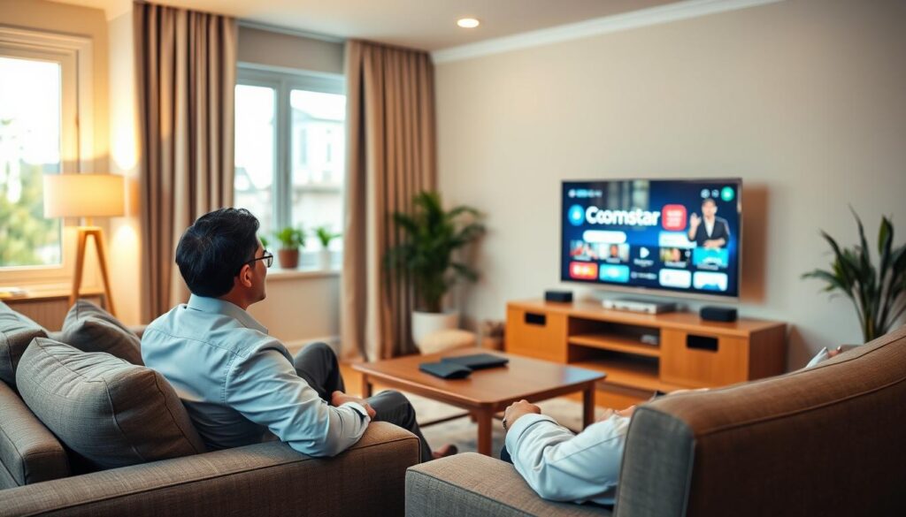 Generate an image of a person enjoying Comstar IPTV on their TV Generate an image of a person enjoying Comstar IPTV on their TV
