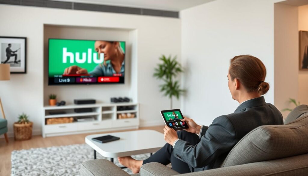 Generate an image of a person enjoying Hulu + Live TV on multiple devices. Generate an image of a person enjoying Hulu + Live TV on multiple devices.