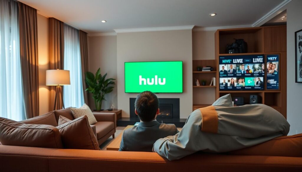 Generate an image of a person enjoying Hulu + Live TV on their living room TV. Generate an image of a person enjoying Hulu + Live TV on their living room TV.