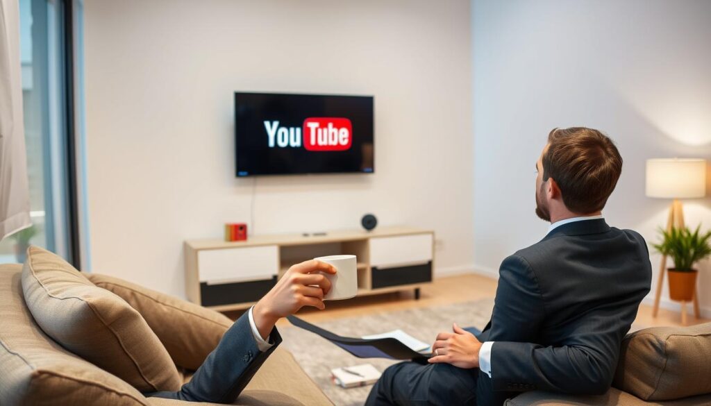 Generate an image of a person enjoying YouTube TV on their living room TV. Generate an image of a person enjoying YouTube TV on their living room TV.