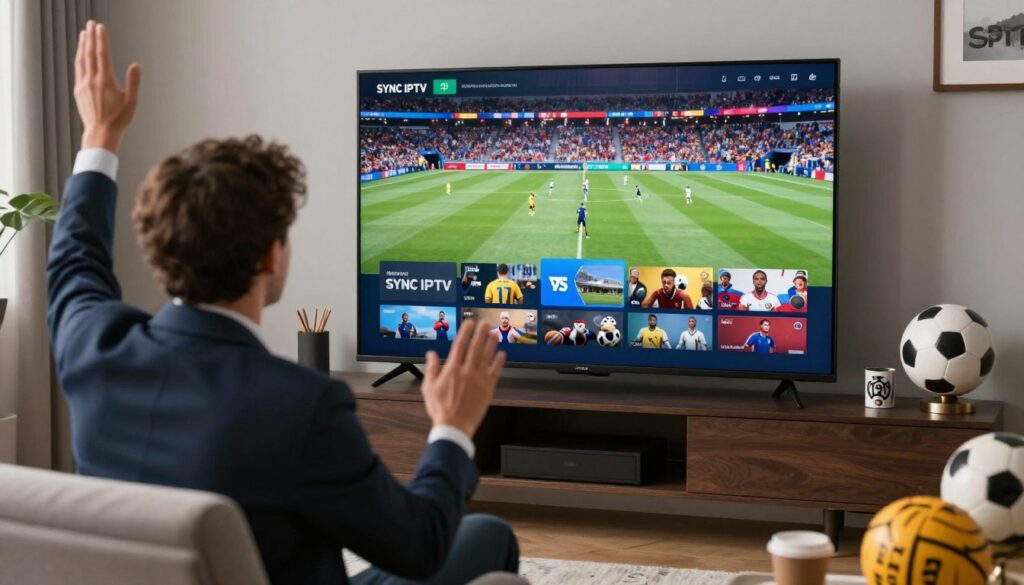Generate an image of a person enjoying a 4K sports event on SYNC IPTV with a wide range of sports channels available. Generate an image of a person enjoying a 4K sports event on SYNC IPTV with a wide range of sports channels available.